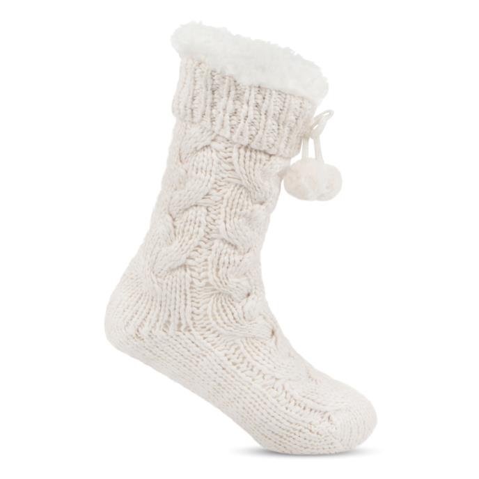 totes toasties® Ladies Luxury Chunky Knit Slipper-Sox With Tassel Trim Cream Extra Image 3